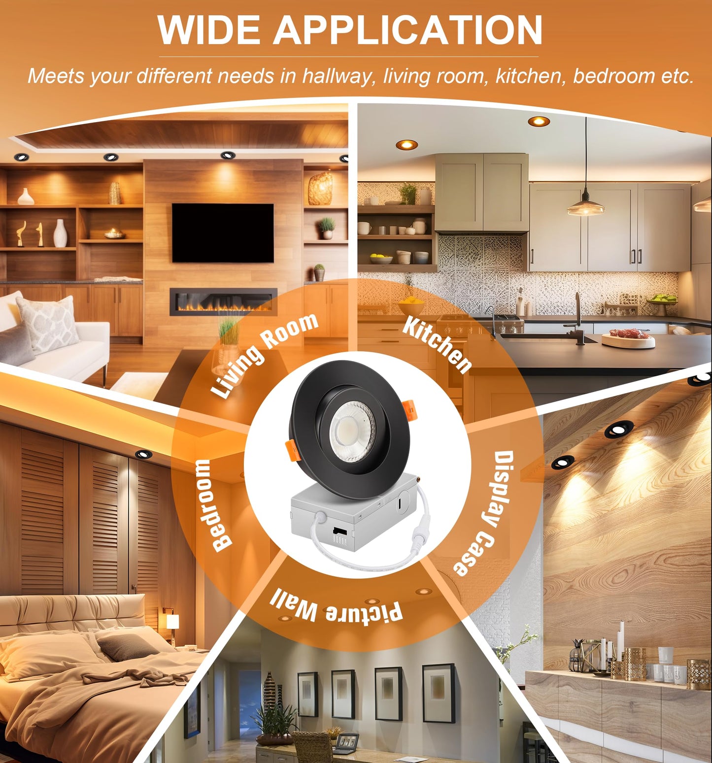 Cloudy Bay Eyeball 5 Color 4 inch Gimbal LED Recessed Light with Junction Box,9.5W CRI90+ 2700K/3000K/3500K/4000K/5000K Selectable,Dimmable Canless Ceiling Spot Light,Damp Location,Black,Pack of 6