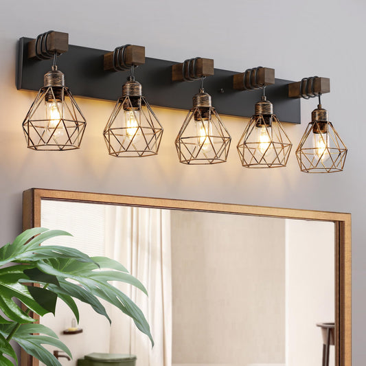 Farmhouse Vanity Light for Bathroom, 3-Light Wood Bathroom Vanity Light Fixtures Over Mirror, Rustic Sconces Wall Lighting with Metal Lampshade for Living Room, Bedroom, Hallway