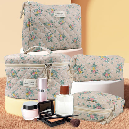 Cute Makeup Bag for Women(2 Pcs), Travel Cosmetic Bags, Quilted Coquette Aesthetic Floral Toiletry Organizer Bag (NavyBlue Flower)