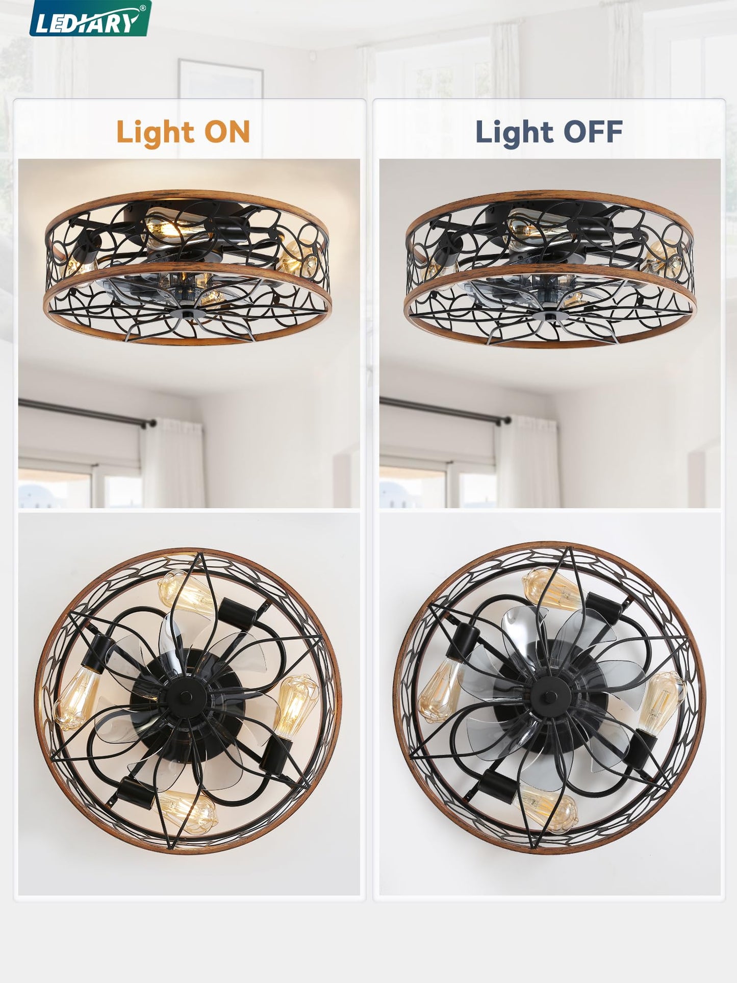 LEDIARY Caged Ceiling Fans with Lights, White Flush Mount Ceiling Fan with Remote, Small Low Profile Bladeless Ceiling Fan Light Fixture for Bedroom, Kitchen, Dining Room-White Gold Color