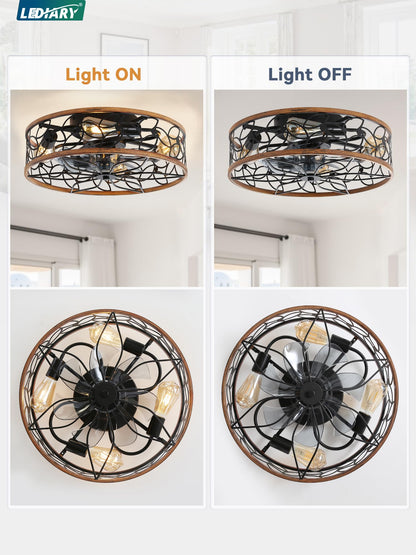 LEDIARY Caged Ceiling Fans with Lights, White Flush Mount Ceiling Fan with Remote, Small Low Profile Bladeless Ceiling Fan Light Fixture for Bedroom, Kitchen, Dining Room-White Gold Color