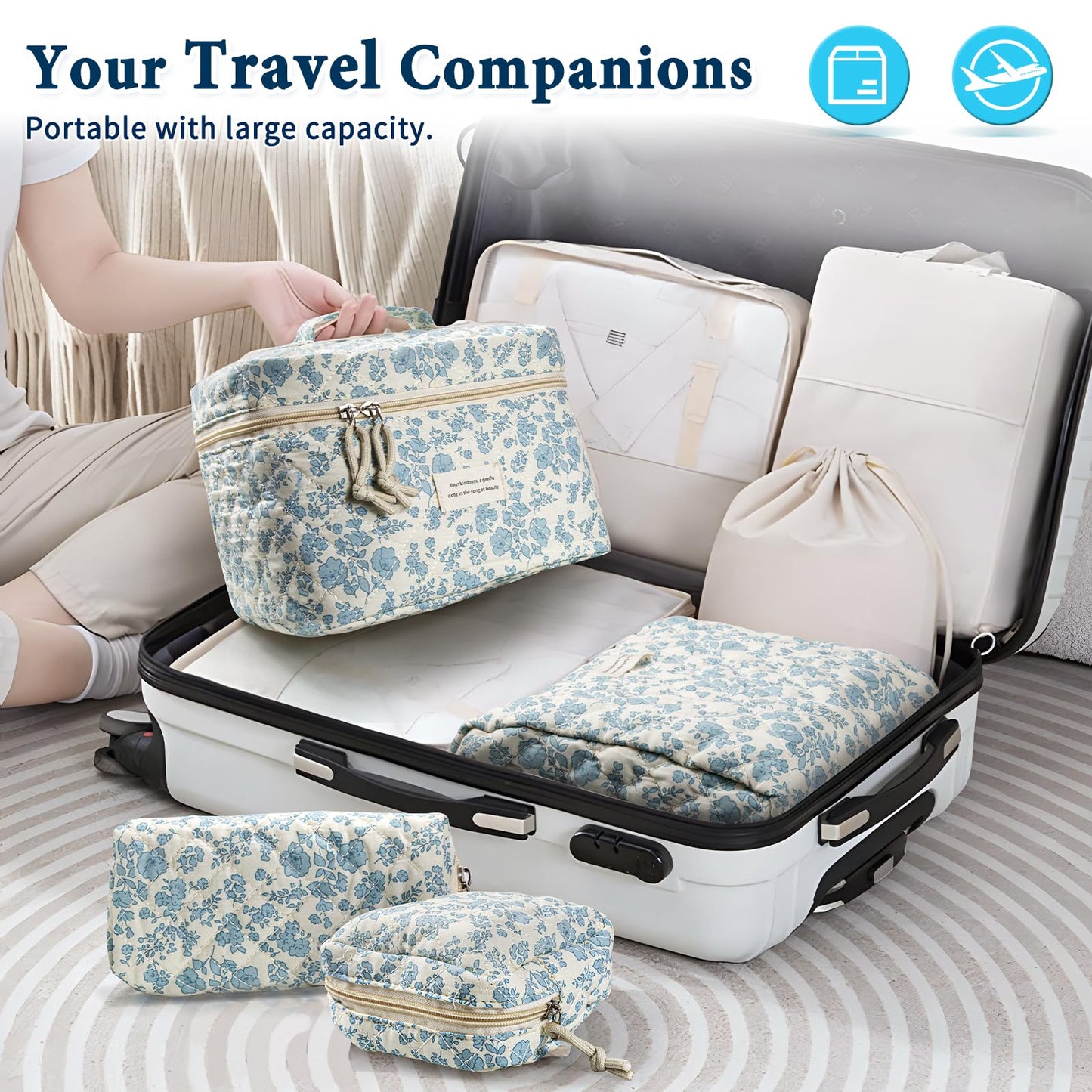 Cute Makeup Bag for Women(2 Pcs), Travel Cosmetic Bags, Quilted Coquette Aesthetic Floral Toiletry Organizer Bag (NavyBlue Flower)