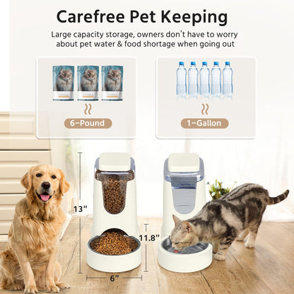 2 Pack Automatic Cat Feeder and Stainless Steel Water Dispenser, Gravity Dog Waterer Set Food Feeder and Waterer Set for Small Medium Kitten Puppy Pets(1 Gallon x 2, Charcoal Gray)