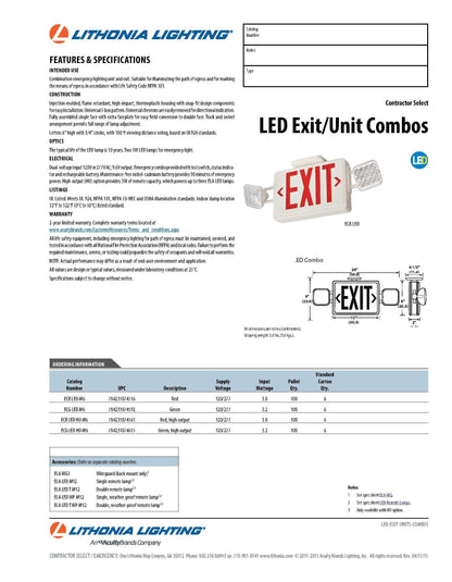 Lithonia Lighting ECBG LED M6 LED Exit and Emergency Light Bar Combo Fixture with Back Up Battery, Green Letters