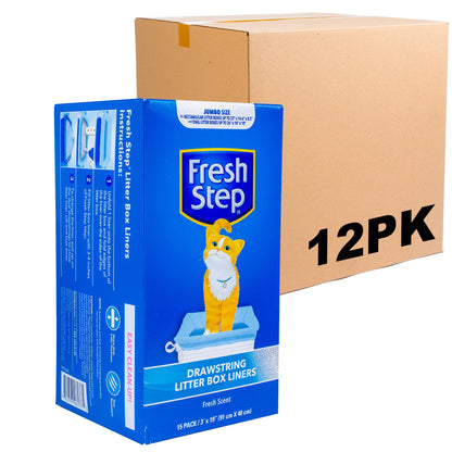 Fresh Step Drawstring Cat Litter Box Liners, Unscented, Size Jumbo, 36" x 19" | Kitty Litter Bags - 15 Count - Cat Litter Liners for Rectangle or Oval Large Litterboxes