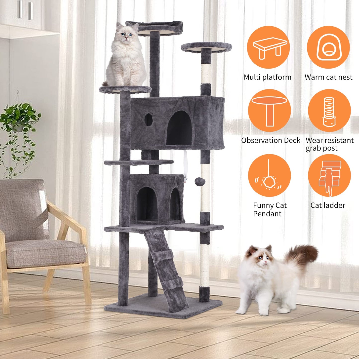BestPet 54in Cat Tree Tower for Indoor Cats,Multi-Level Furniture Activity Center with Scratching Posts Stand House Condo Funny Toys Kittens Pet Play House,Dark Gray
