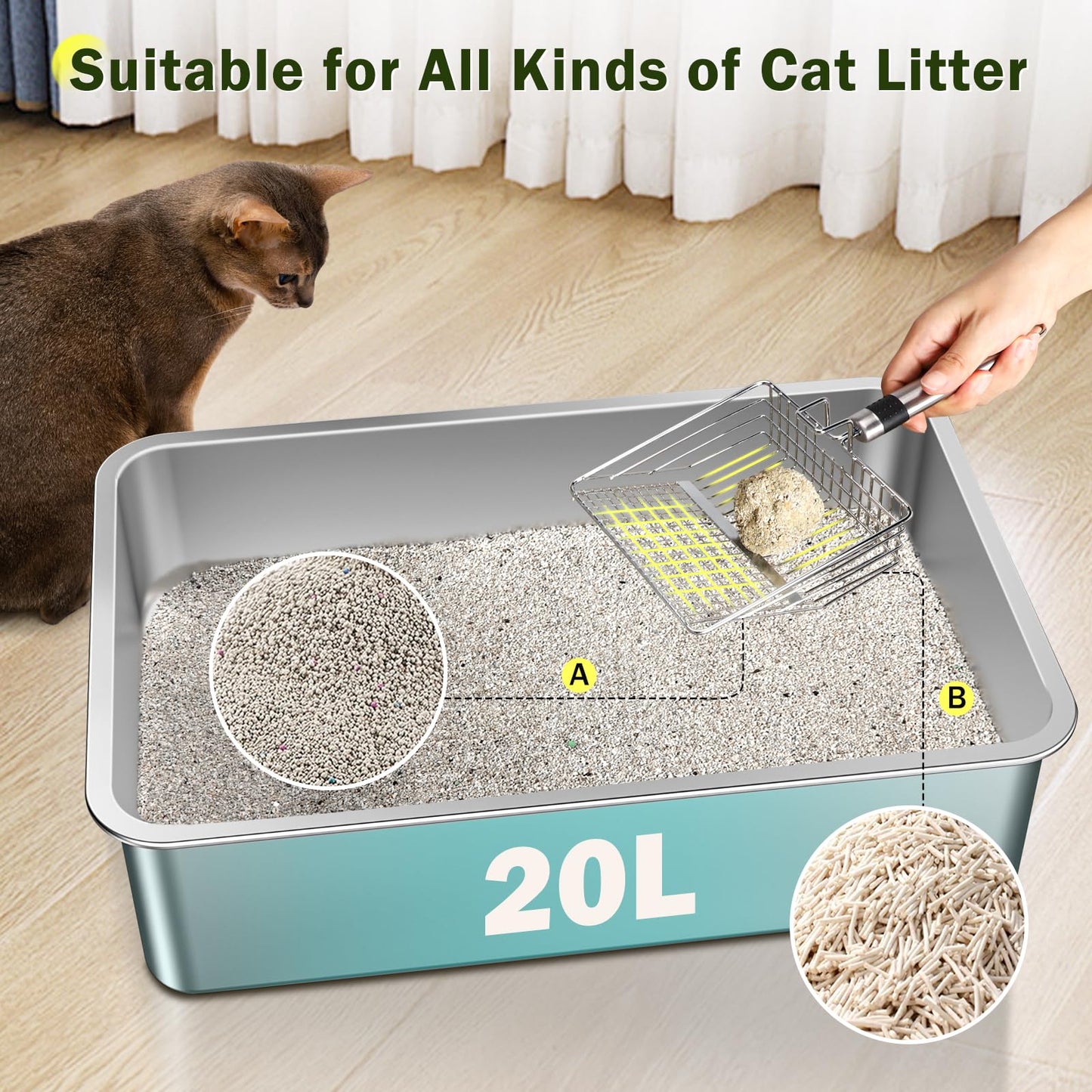 Stainless Steel Cat Litter Box, Extra Large Litter Boxes for Big Cats, Anti-Urine Leakage XL Litter Box with High Sides, Xlarge Metal Litter Box with Lid, Easy Clean, Non-Sticky, Cat Mat & Metal Scoop