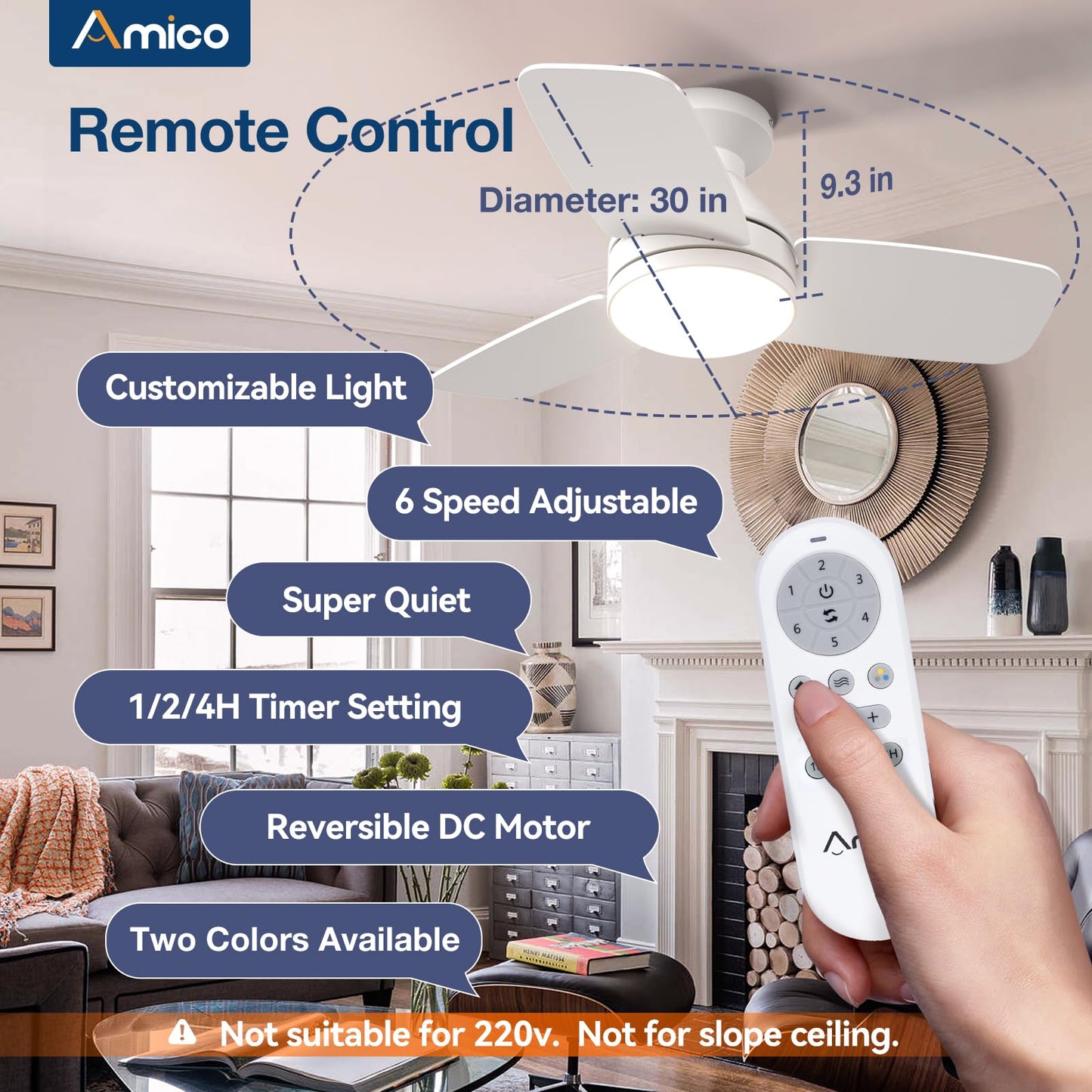 Amico Ceiling Fans with Lights, 42 inch Low Profile Ceiling Fan with Light and Remote Control, Flush Mount, Reversible, 3CCT, Dimmable, Noiseless, White Ceiling Fan for Bedroom, Indoor/Outdoor Use