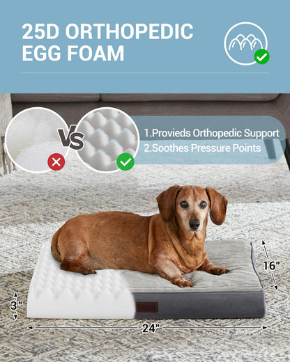 OhGeni 35 Inch Orthopedic Waterproof & Machine Washable Dog Bed for Medium Large Pets, Suitable for Crates, 25D Egg Crate Foam, Non-Slip Bottom & Removable Cover, Invisible Zipper(Gray)