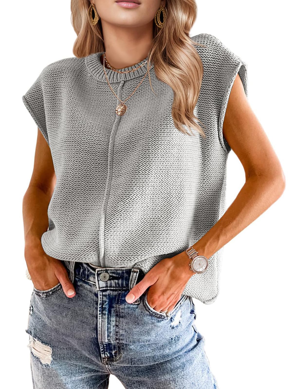 Womens Cap Sleeve Tops 2025 Trendy Tank Top Loose Knit Sweater Vests Cute Shirts Outfits Spring Fall Summer Tops