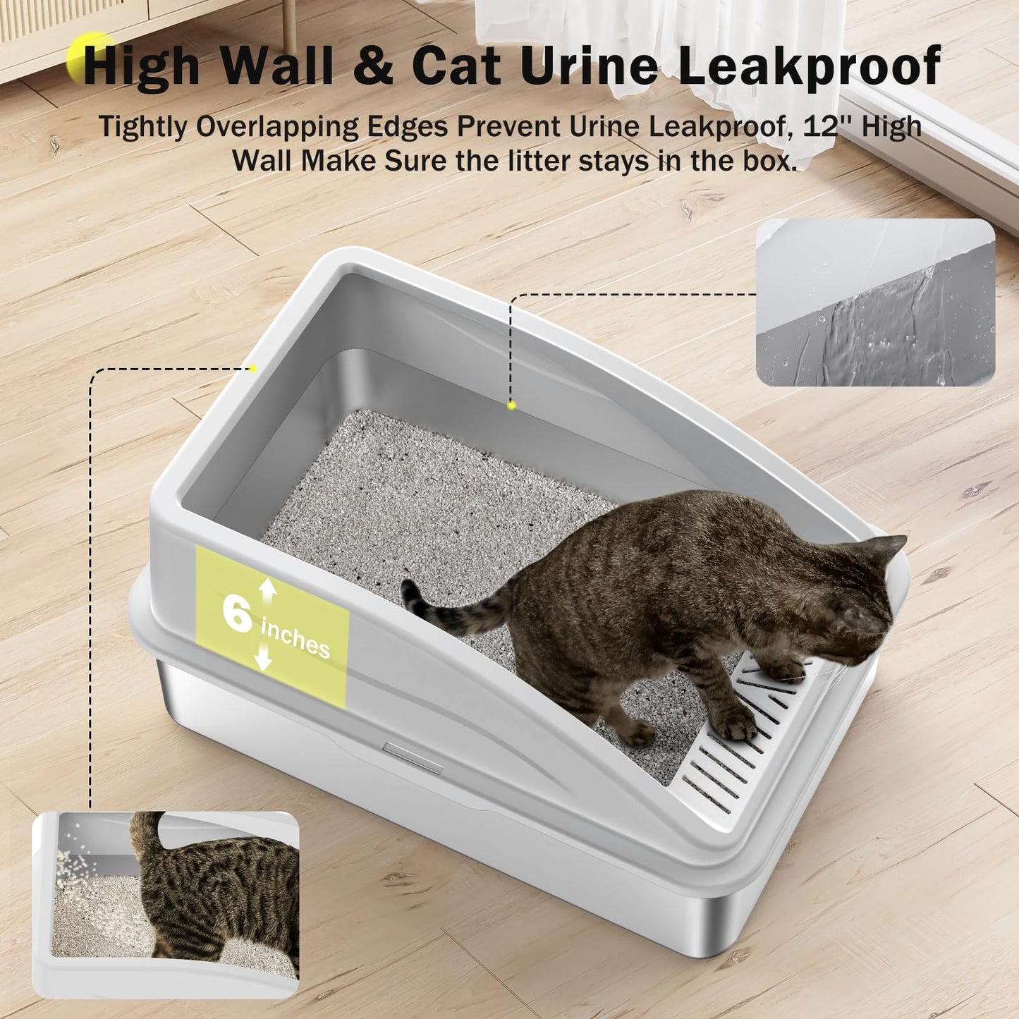 Stainless Steel Cat Litter Box, Extra Large Litter Boxes for Big Cats, Anti-Urine Leakage XL Litter Box with High Sides, Xlarge Metal Litter Box with Lid, Easy Clean, Non-Sticky, Cat Mat & Metal Scoop
