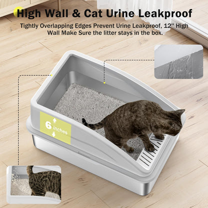 Stainless Steel Cat Litter Box, Extra Large Litter Boxes for Big Cats, Anti-Urine Leakage XL Litter Box with High Sides, Xlarge Metal Litter Box with Lid, Easy Clean, Non-Sticky, Cat Mat & Metal Scoop
