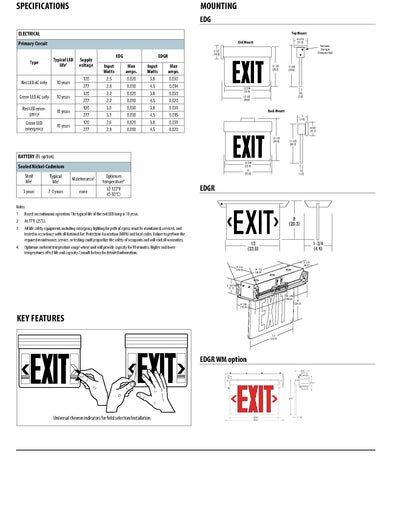 Lithonia Lighting EDG 1 G EL M6 Aluminum LED Emergency Exit Sign, 3 watts, Green