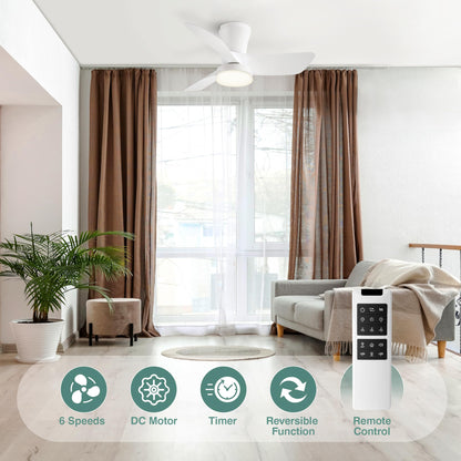 SUNMORY Ceiling Fans with Lights and Remote, 30 inch Low Profile Ceiling Fan with Light, Modern Flush Mount Ceiling Fan for Bedroom/Kitchen/Dining Room/Patio, 6 Wind Speeds, Dimmable, White
