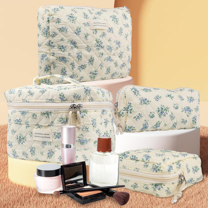 Cute Makeup Bag for Women(2 Pcs), Travel Cosmetic Bags, Quilted Coquette Aesthetic Floral Toiletry Organizer Bag (NavyBlue Flower)