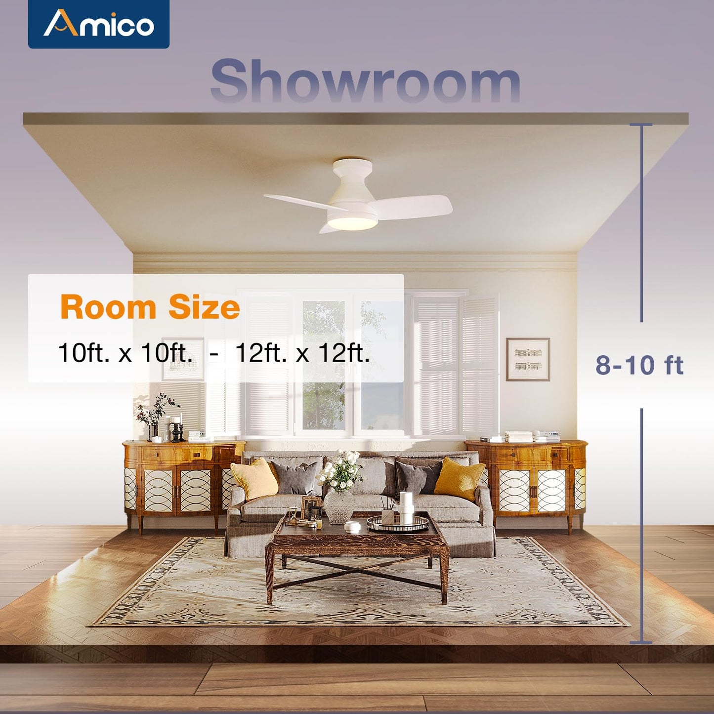 Amico Ceiling Fans with Lights, 42 inch Low Profile Ceiling Fan with Light and Remote Control, Flush Mount, Reversible, 3CCT, Dimmable, Noiseless, White Ceiling Fan for Bedroom, Indoor/Outdoor Use
