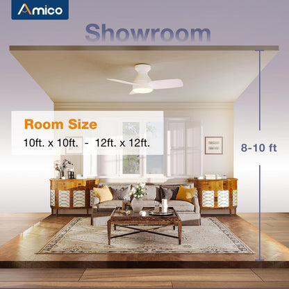 Amico Ceiling Fans with Lights, 42 inch Low Profile Ceiling Fan with Light and Remote Control, Flush Mount, Reversible, 3CCT, Dimmable, Noiseless, White Ceiling Fan for Bedroom, Indoor/Outdoor Use