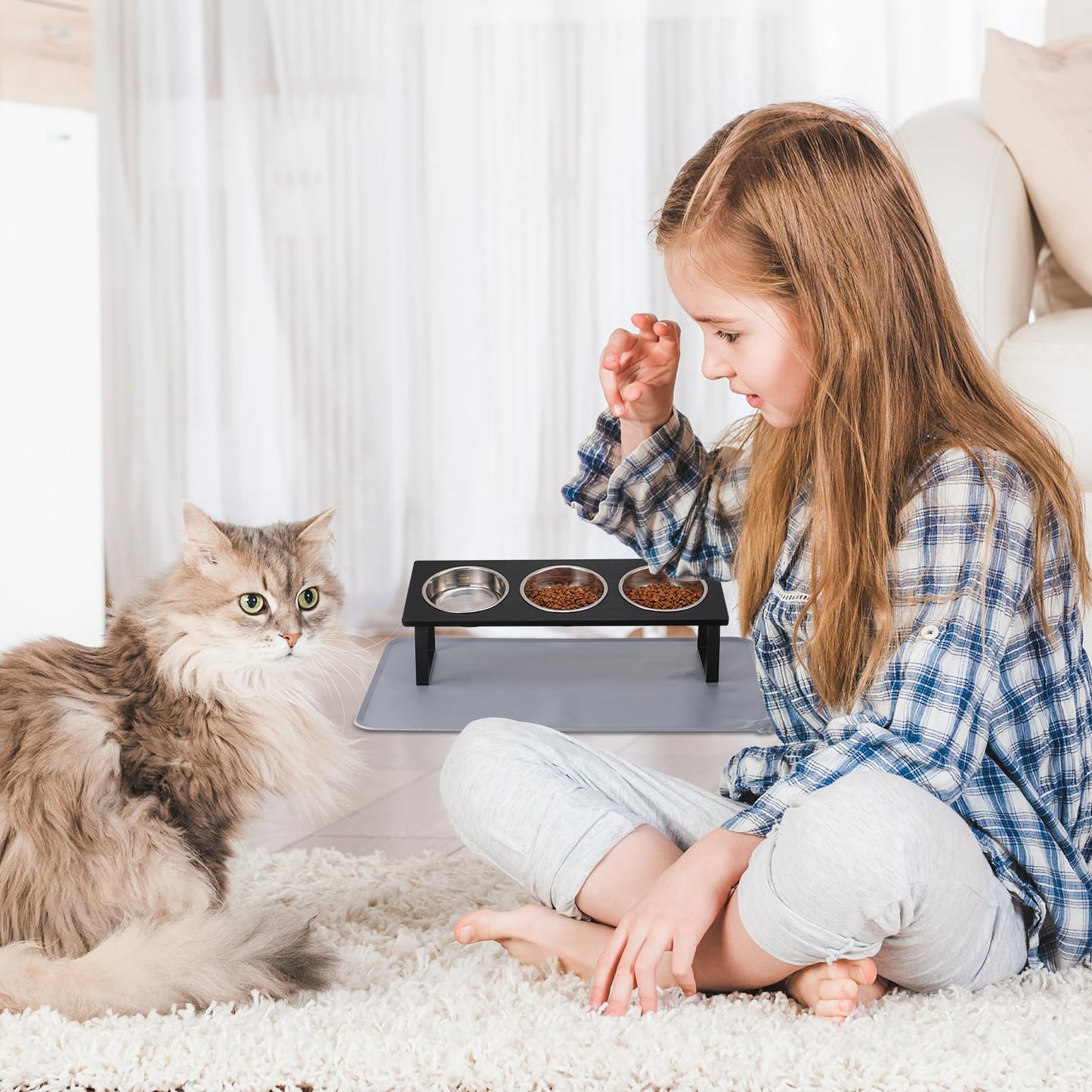 Upgraded Elevated Cat Bowls with Food Mat,15°Tilted Stand Anti Vomiting Raised Cat Dishes for Food and Water,2 Stainless Steel Bowls for Cats and Puppy