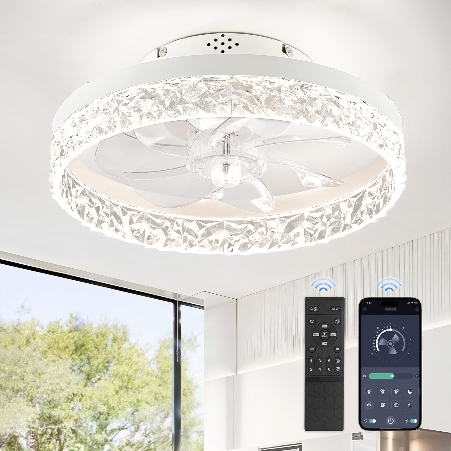 LEDIARY 20" Modern Ceiling Fans with Lights and Remote, Dimmable Low Profile Ceiling Fan, Flush Mount Ceiling Fan, Stepless Color Temperature Change and 6 Speeds - White