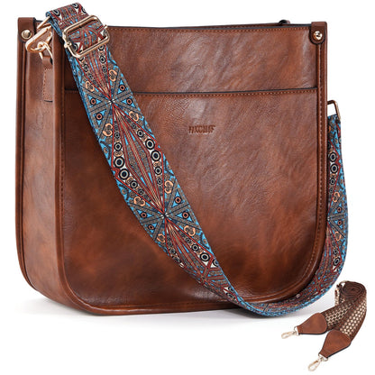 HKCLUF Crossbody Bags for Women Trendy Vegan Leather Hobo Handbags With 2PCS Adjustable Guitar Strap Shoulder Bucket Bags