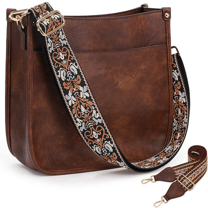 HKCLUF Crossbody Bags for Women Trendy Vegan Leather Hobo Handbags With 2PCS Adjustable Guitar Strap Shoulder Bucket Bags