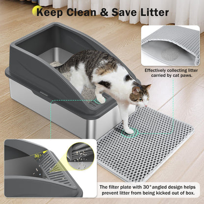 Stainless Steel Cat Litter Box, Extra Large Litter Boxes for Big Cats, Anti-Urine Leakage XL Litter Box with High Sides, Xlarge Metal Litter Box with Lid, Easy Clean, Non-Sticky, Cat Mat & Metal Scoop