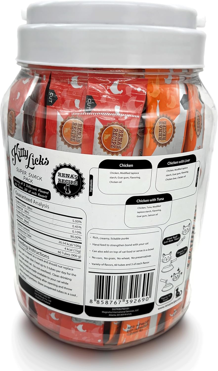 Rena's Recipe Kitty Licks Chicken Barrel (60 Tubes) 3 flavorsX20 Tubes Cream Lickable Cat Treats