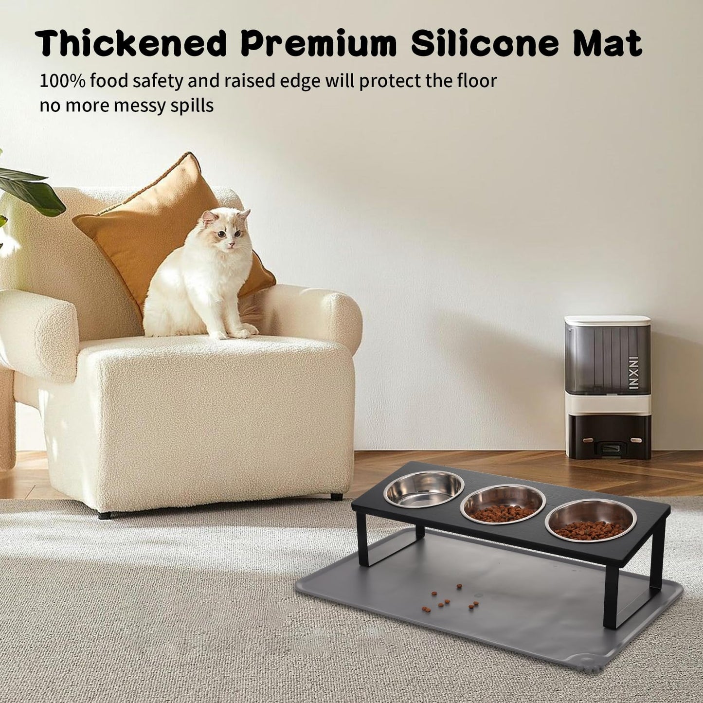 Upgraded Elevated Cat Bowls with Food Mat,15°Tilted Stand Anti Vomiting Raised Cat Dishes for Food and Water,2 Stainless Steel Bowls for Cats and Puppy