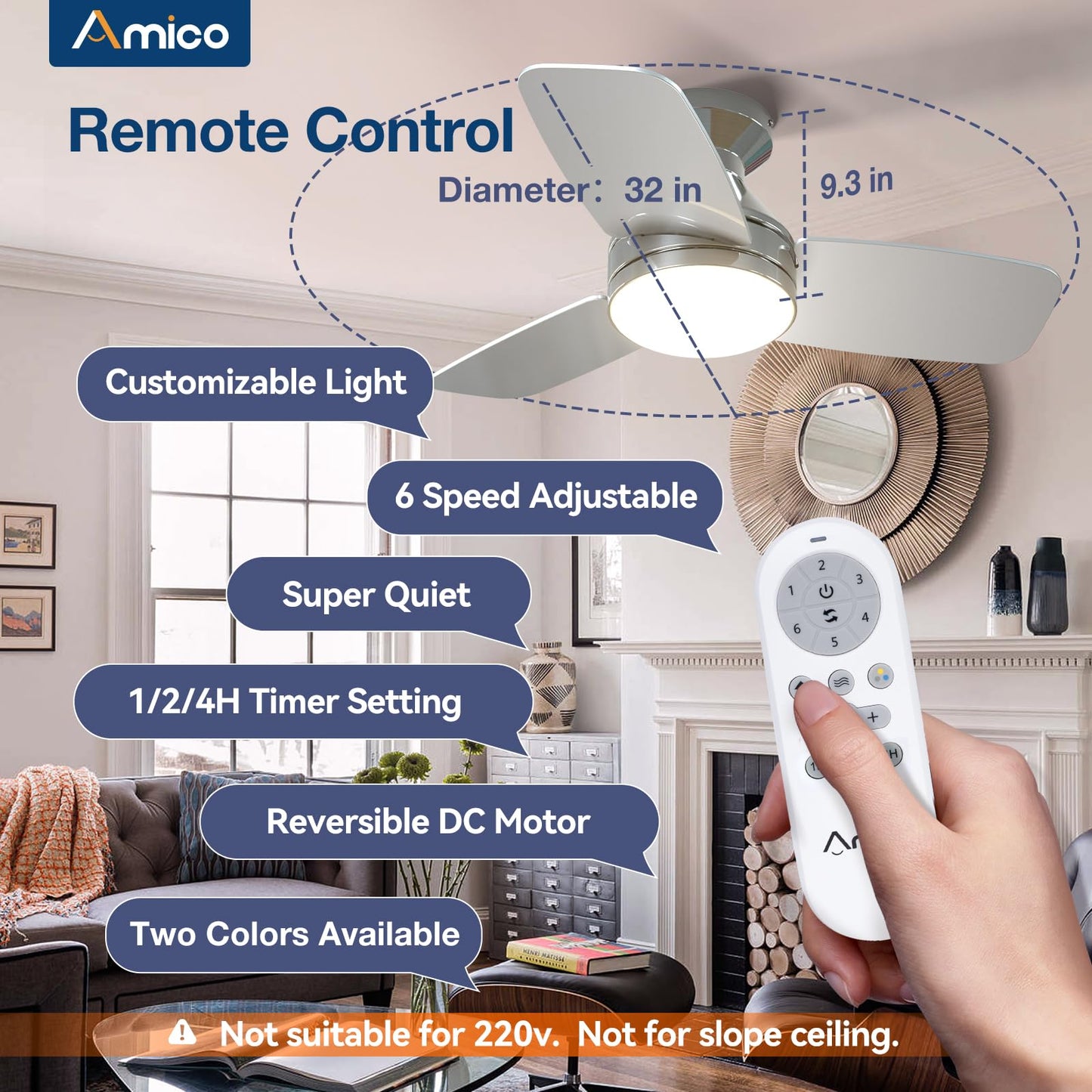 Amico Ceiling Fans with Lights, 42 inch Low Profile Ceiling Fan with Light and Remote Control, Flush Mount, Reversible, 3CCT, Dimmable, Noiseless, White Ceiling Fan for Bedroom, Indoor/Outdoor Use