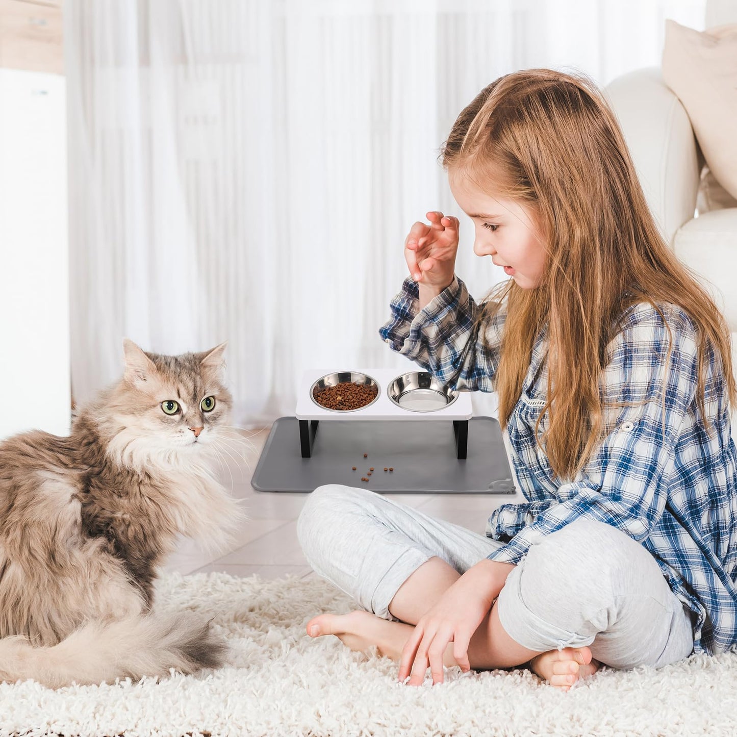 Upgraded Elevated Cat Bowls with Food Mat,15°Tilted Stand Anti Vomiting Raised Cat Dishes for Food and Water,2 Stainless Steel Bowls for Cats and Puppy