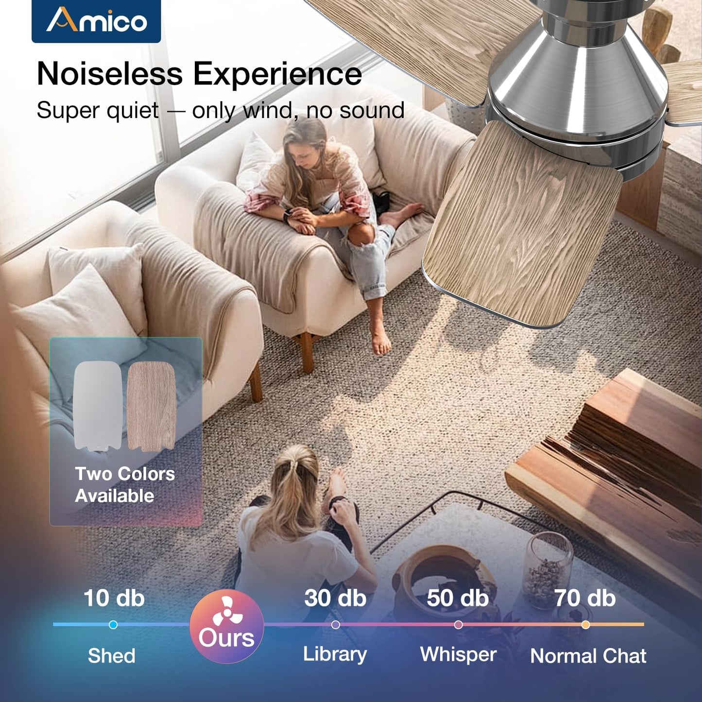 Amico Ceiling Fans with Lights, 42 inch Low Profile Ceiling Fan with Light and Remote Control, Flush Mount, Reversible, 3CCT, Dimmable, Noiseless, White Ceiling Fan for Bedroom, Indoor/Outdoor Use
