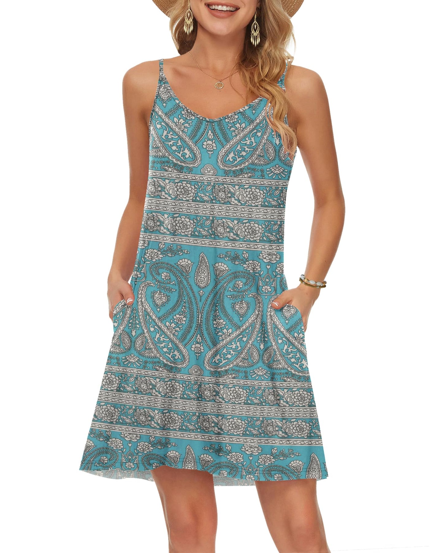 MISFAY Women's Summer Spaghetti Strap Casual Swing Tank Beach Cover Up Dress with Pockets