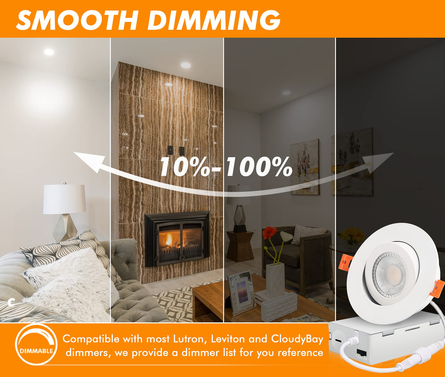Cloudy Bay Eyeball 5 Color 4 inch Gimbal LED Recessed Light with Junction Box,9.5W CRI90+ 2700K/3000K/3500K/4000K/5000K Selectable,Dimmable Canless Ceiling Spot Light,Damp Location,Black,Pack of 6