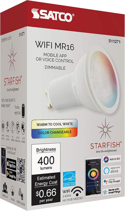 Satco Starfish S11271 MR16 WiFi Smart LED Light Bulb, Works with Siri, Alexa, Google Assistant, SmartThings, 5.5 Watts, 2700K-5000K, 400 Lumens, Color Changing & Tunable White