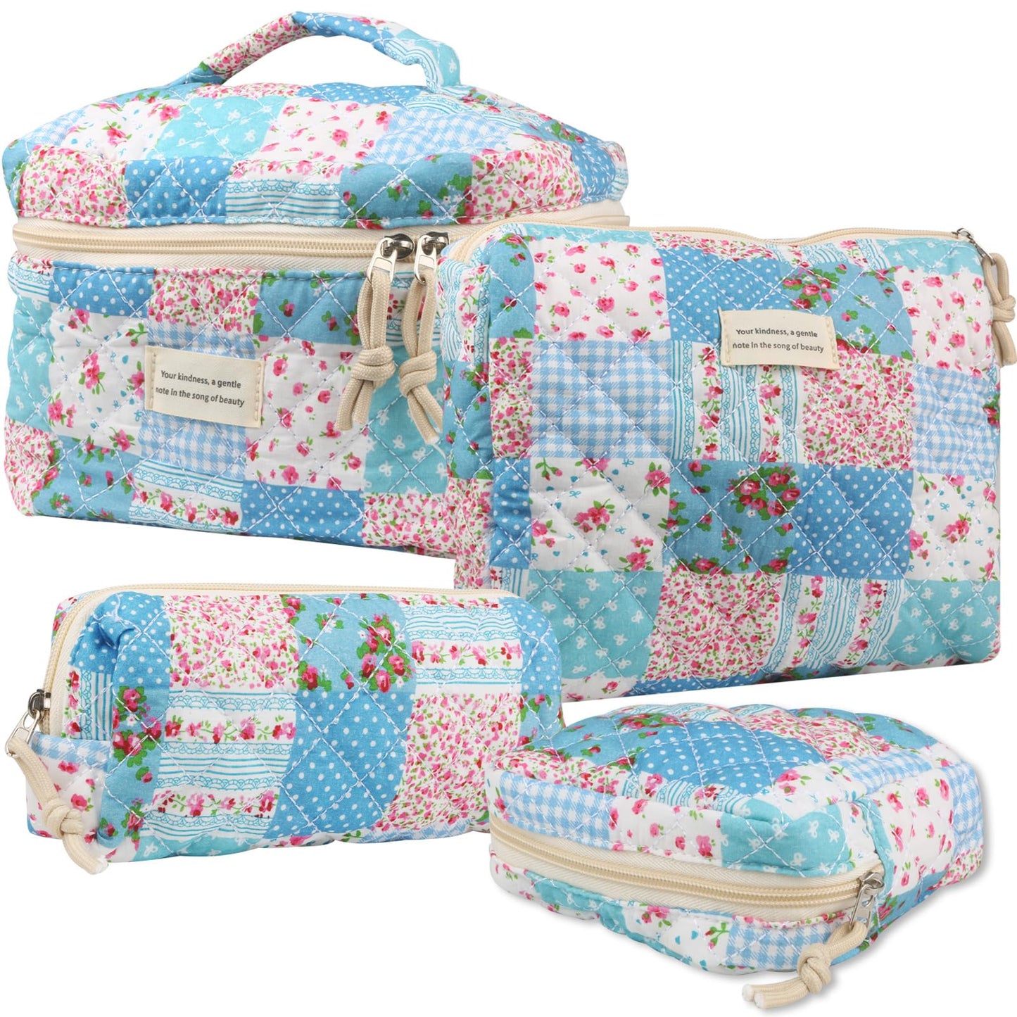 Cute Makeup Bag for Women(2 Pcs), Travel Cosmetic Bags, Quilted Coquette Aesthetic Floral Toiletry Organizer Bag (NavyBlue Flower)