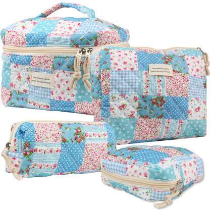 Cute Makeup Bag for Women(2 Pcs), Travel Cosmetic Bags, Quilted Coquette Aesthetic Floral Toiletry Organizer Bag (NavyBlue Flower)