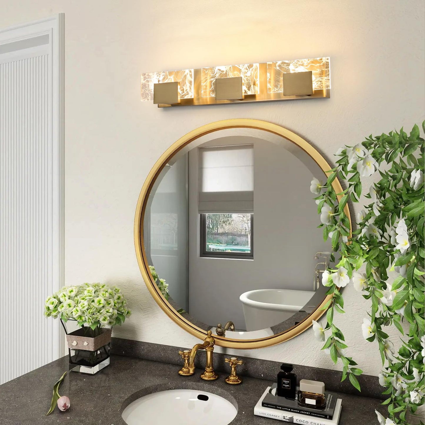 LED Bathroom Vanity Light: 24 inch Brushed Gold Acrylic Modern Lighting Fixtures - 3 Lights Contemporary Smoke Design Wall Lights Fixture Over Mirror 3000K