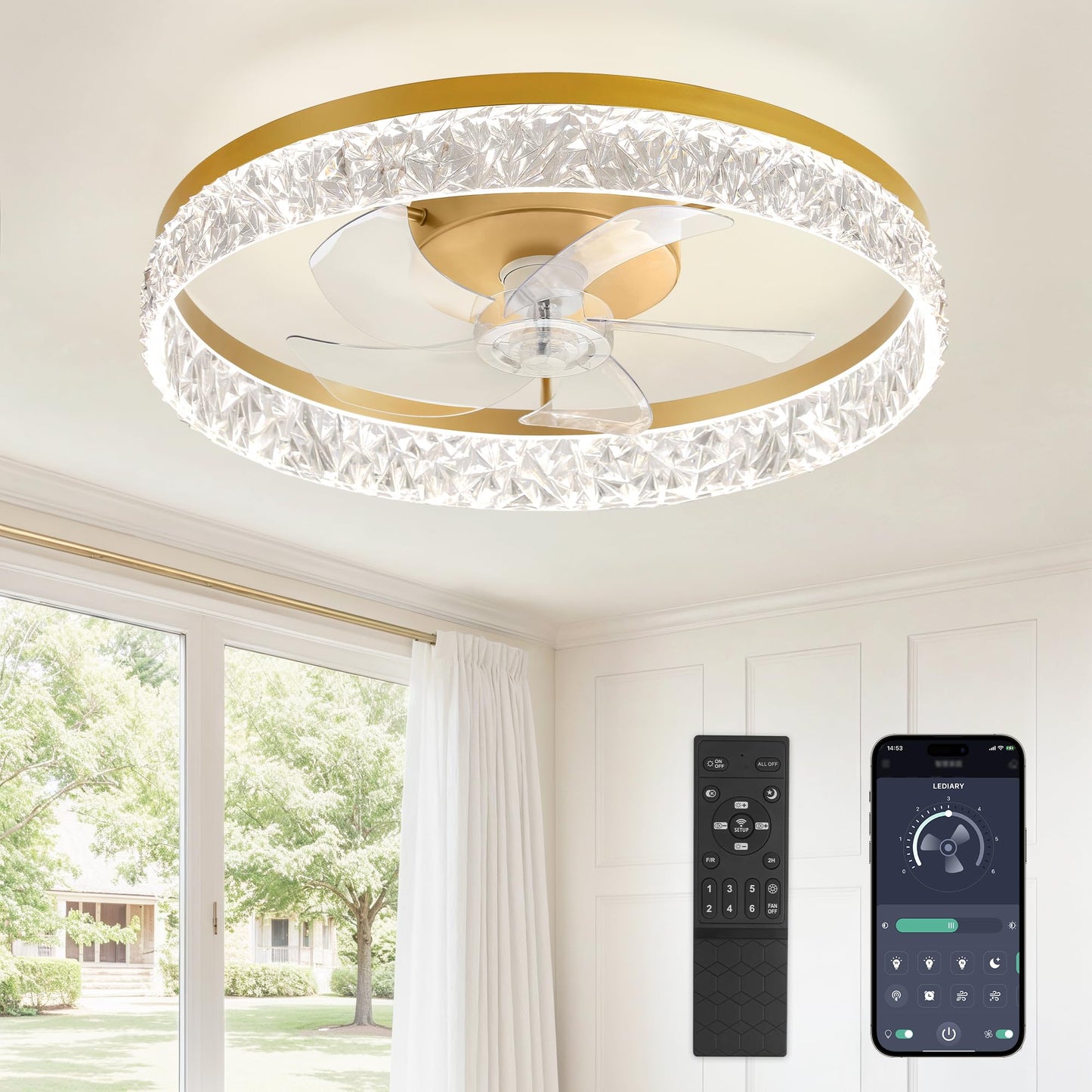LEDIARY 20" Modern Ceiling Fans with Lights and Remote, Dimmable Low Profile Ceiling Fan, Flush Mount Ceiling Fan, Stepless Color Temperature Change and 6 Speeds - White