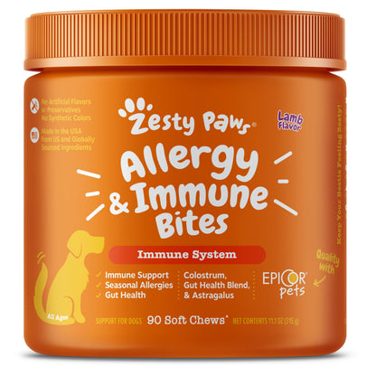 Suplemento inmune a las alergias para perros - Con Omega 3 Aceite de salmón salvaje de Alaska y EpiCor + Prebióticos y probióticos digestivos - Alergias estacionales + Anti picor y puntos calientes Apoyo a la piel - 90 masticables Golosinas