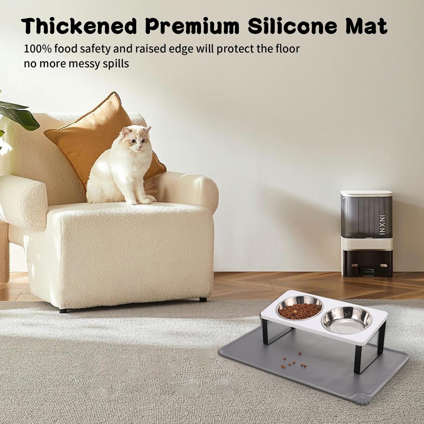 Upgraded Elevated Cat Bowls with Food Mat,15°Tilted Stand Anti Vomiting Raised Cat Dishes for Food and Water,2 Stainless Steel Bowls for Cats and Puppy