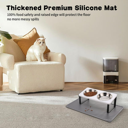 Upgraded Elevated Cat Bowls with Food Mat,15°Tilted Stand Anti Vomiting Raised Cat Dishes for Food and Water,2 Stainless Steel Bowls for Cats and Puppy