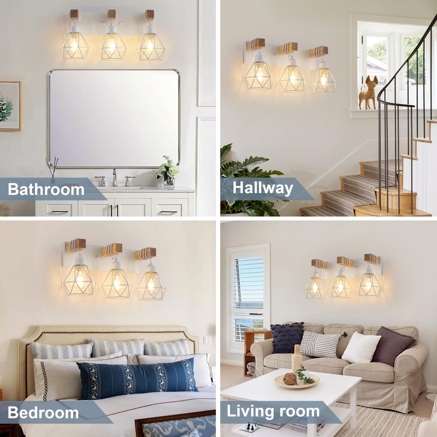 Farmhouse Vanity Light for Bathroom, 3-Light Wood Bathroom Vanity Light Fixtures Over Mirror, Rustic Sconces Wall Lighting with Metal Lampshade for Living Room, Bedroom, Hallway