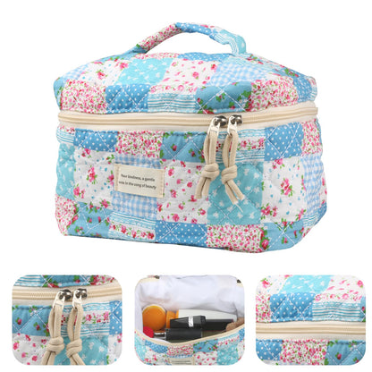 Cute Makeup Bag for Women(2 Pcs), Travel Cosmetic Bags, Quilted Coquette Aesthetic Floral Toiletry Organizer Bag (NavyBlue Flower)