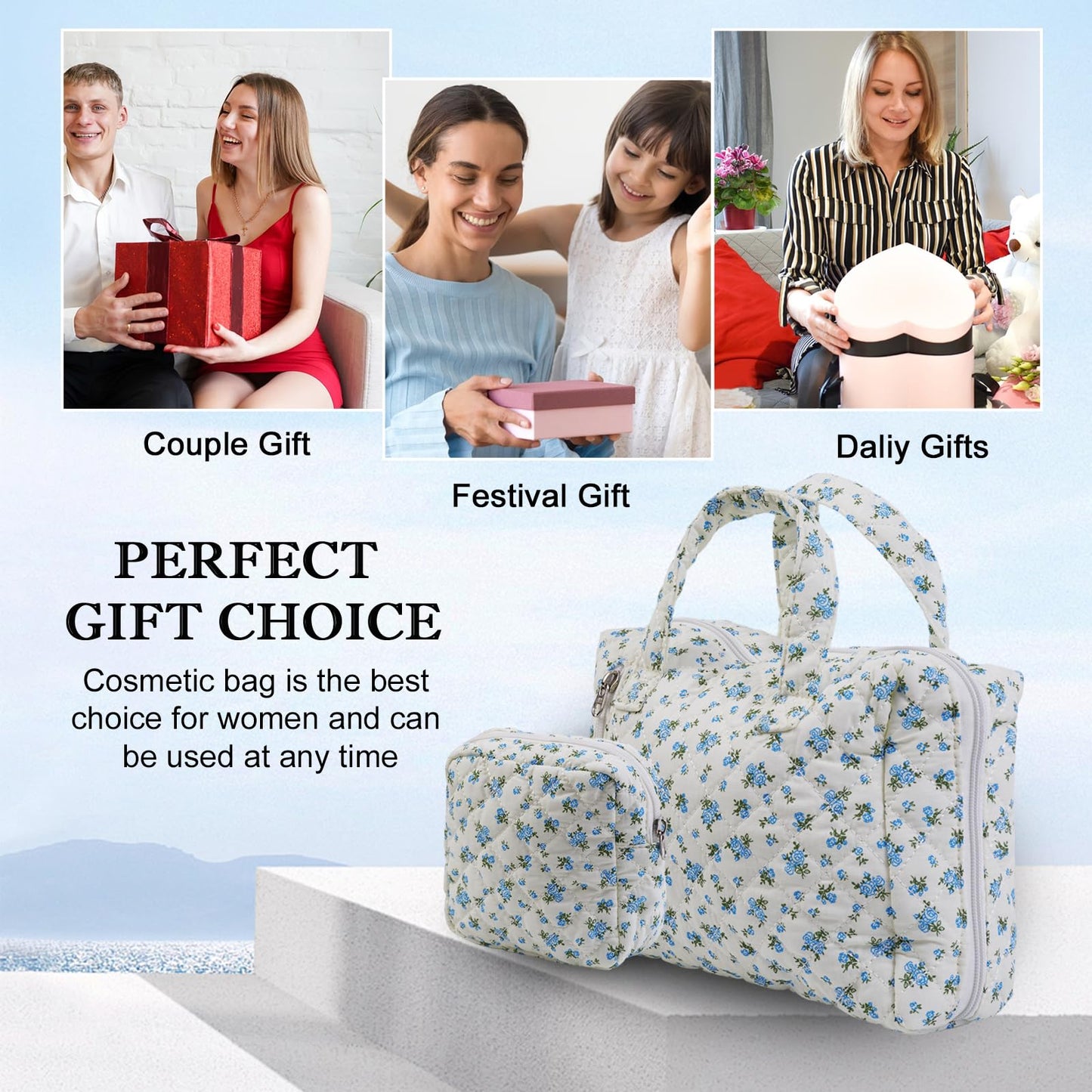 Cute Makeup Bag for Women(2 Pcs), Travel Cosmetic Bags, Quilted Coquette Aesthetic Floral Toiletry Organizer Bag (NavyBlue Flower)