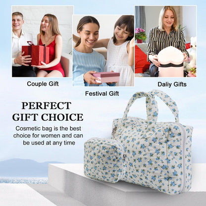 Cute Makeup Bag for Women(2 Pcs), Travel Cosmetic Bags, Quilted Coquette Aesthetic Floral Toiletry Organizer Bag (NavyBlue Flower)