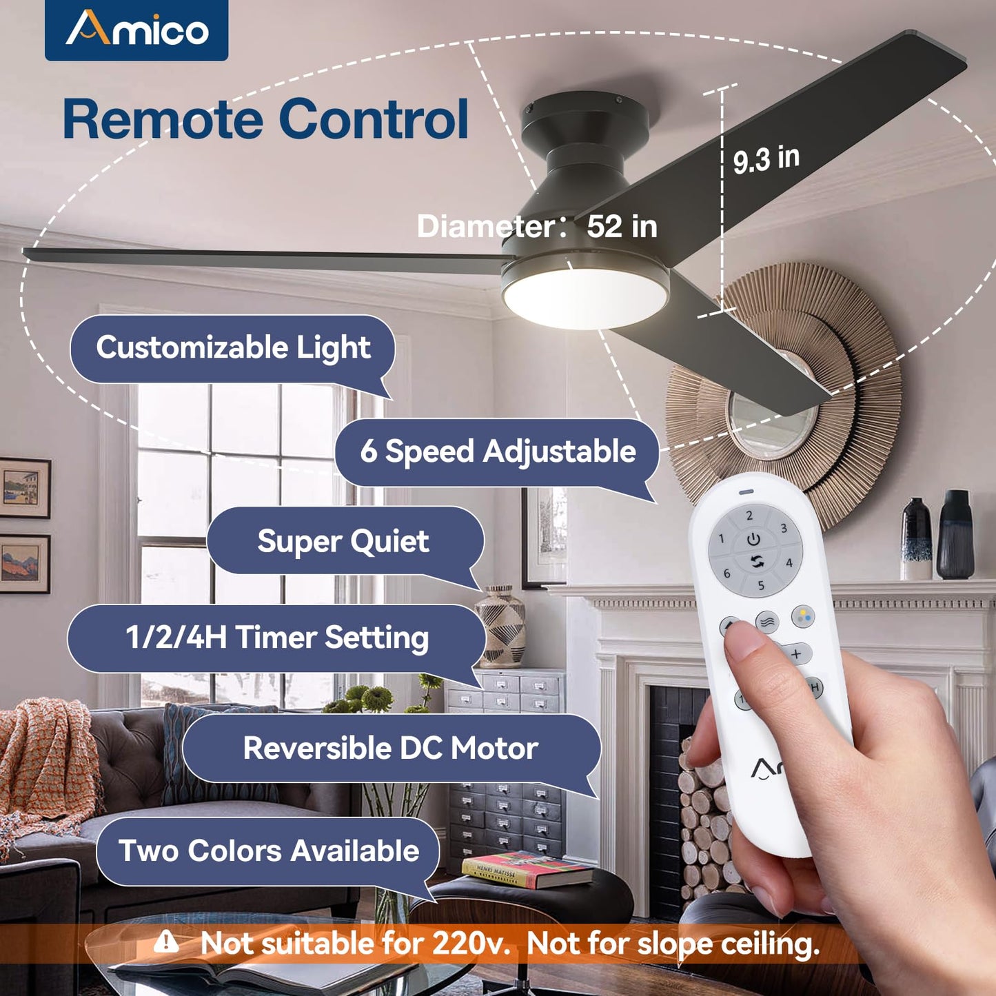 Amico Ceiling Fans with Lights, 42 inch Low Profile Ceiling Fan with Light and Remote Control, Flush Mount, Reversible, 3CCT, Dimmable, Noiseless, White Ceiling Fan for Bedroom, Indoor/Outdoor Use