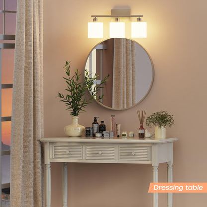 PARTPHONER Bathroom Light Fixtures, Bathroom Lighting Fixtures Over Mirror, Interior Classic Vanity Lights, Modern Bathroom Vanity Light with Textured White Glass Shade, Brushed Nickel, 3-Light