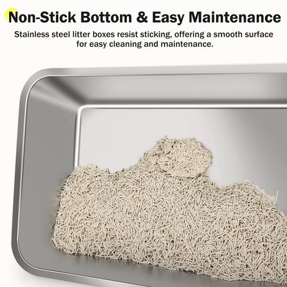 Stainless Steel Cat Litter Box, Extra Large Litter Boxes for Big Cats, Anti-Urine Leakage XL Litter Box with High Sides, Xlarge Metal Litter Box with Lid, Easy Clean, Non-Sticky, Cat Mat & Metal Scoop