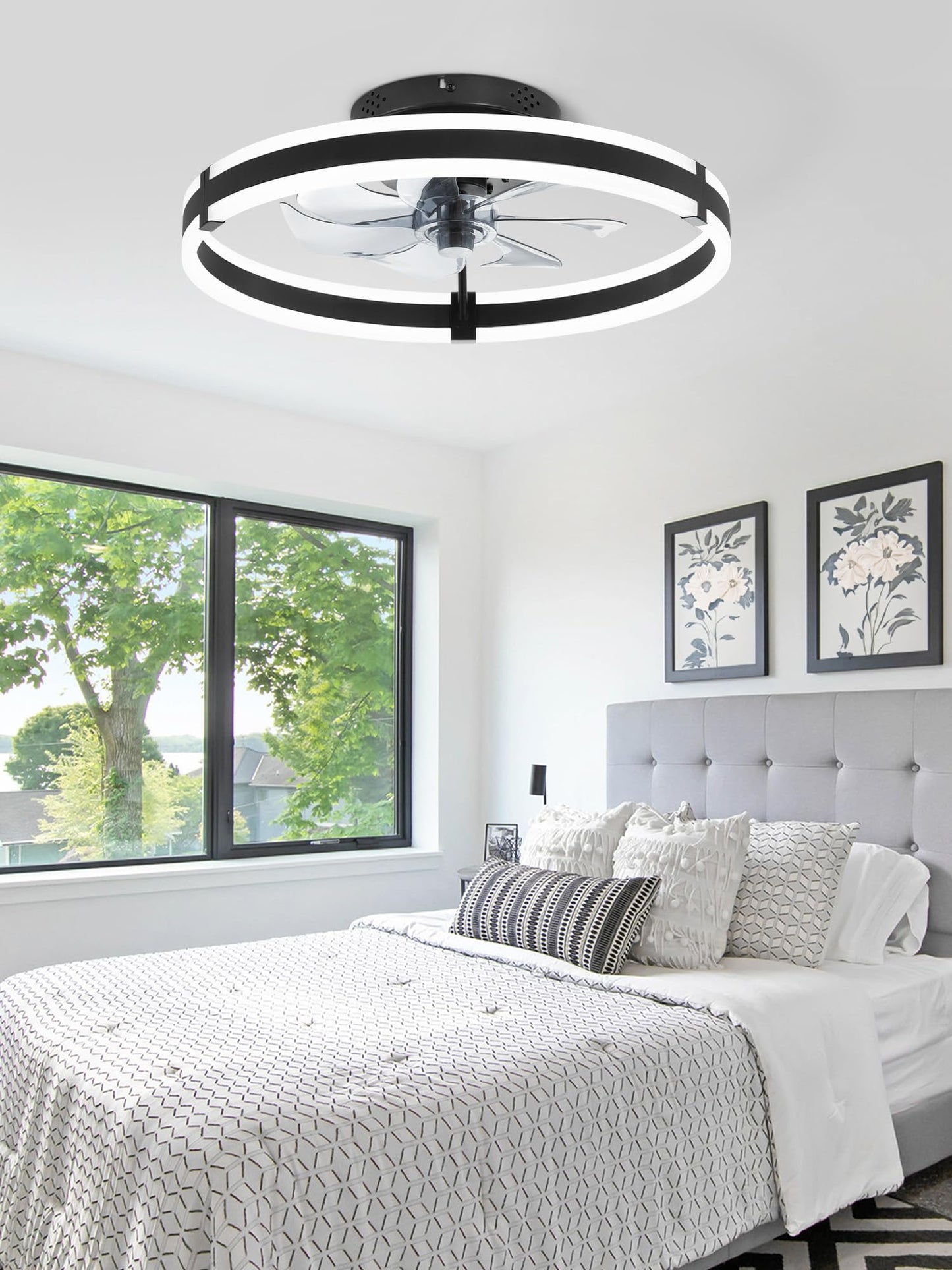 Ceiling Fans with Lights and Remote, 19.7'' Low Profile Ceiling Fan, 3000-6000K Dimmable Modern Flush Mount LED Fan Light, 6 Wind Speeds, Black Fandelier Ceiling Fans for Bedroom