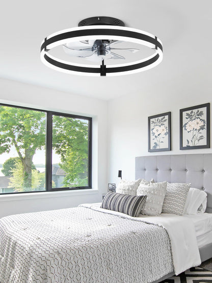 Ceiling Fans with Lights and Remote, 19.7'' Low Profile Ceiling Fan, 3000-6000K Dimmable Modern Flush Mount LED Fan Light, 6 Wind Speeds, Black Fandelier Ceiling Fans for Bedroom